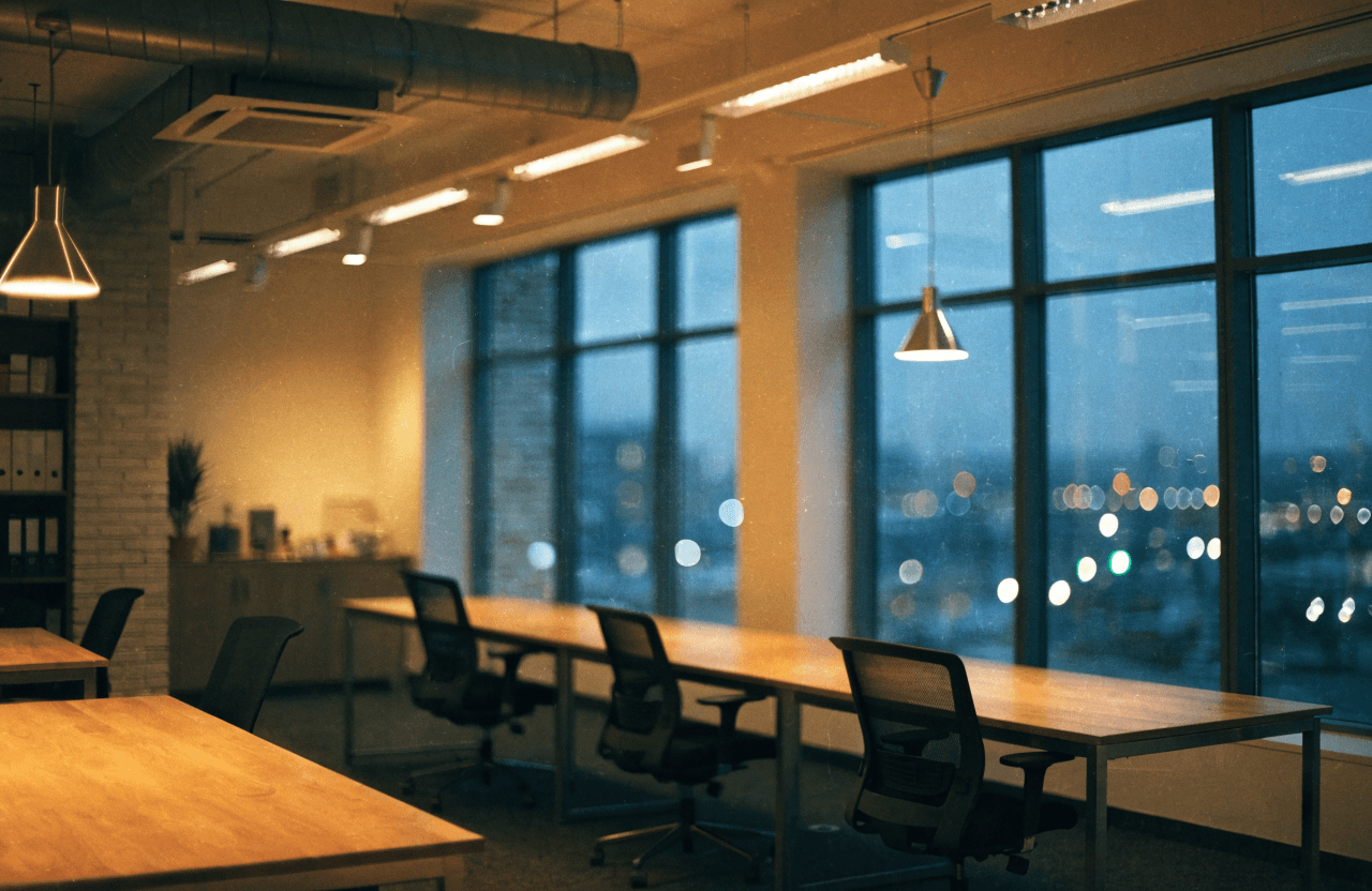 A calm, modern studio office at dusk with city lights beyond the windows